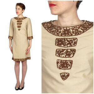 Gorgeous Vintage 60s Brown Copper Beaded Mini Mod Shift Dress Tunic | Small